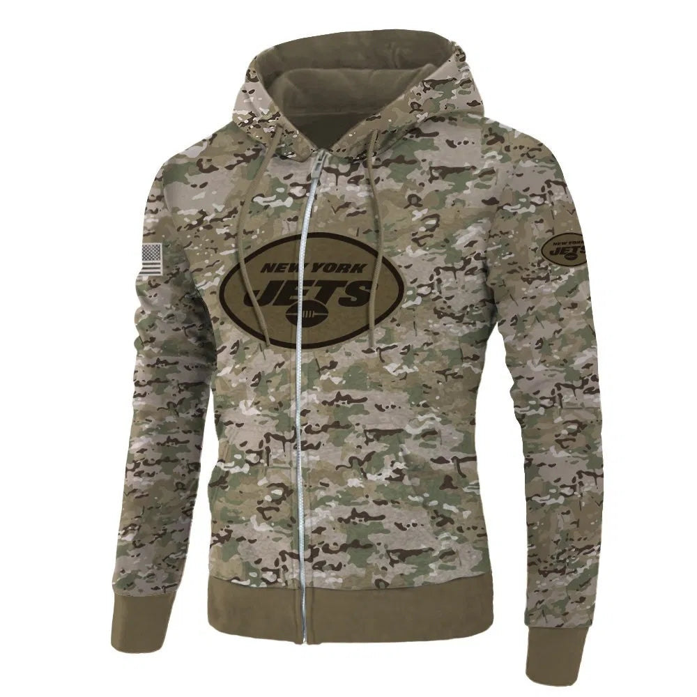Front view of New York Jets Camo Zipper Hoodie – Military Style with camouflage print, and New York Jets logo on chest – and front kangaroo pocket, unisex fit