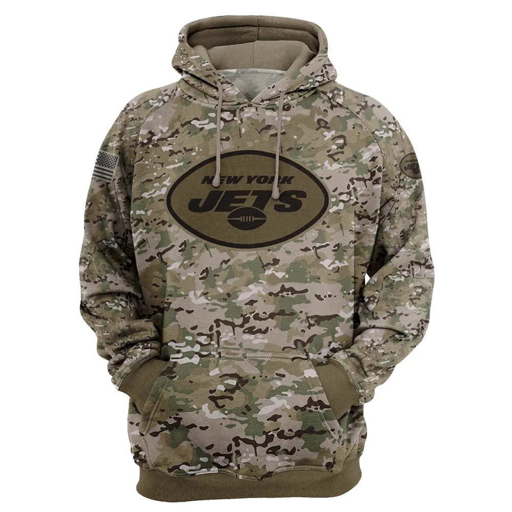 New York Jets Camo Pullover Hoodie – Military Style featuring large New York Jets logo on chest, camouflage design, and front kangaroo pocket – unisex and US sizing