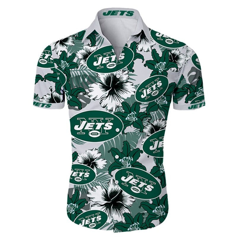 Front view of New York Jets Hawaiian Shirt – Men's Summer Aloha Button Down with vibrant GREEN floral design and team logo, short sleeves, US sizing.