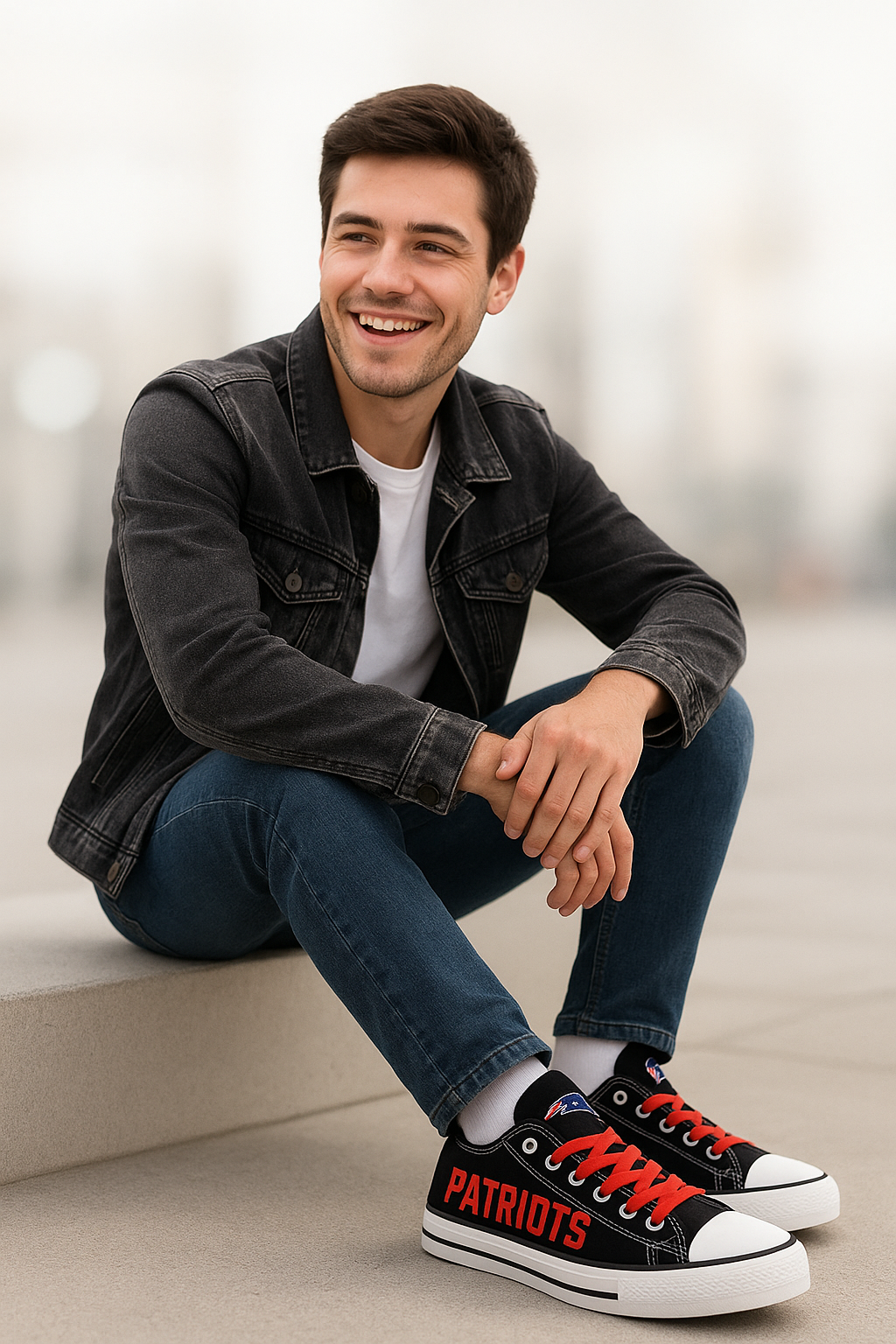 Male model sitting, smiling, wearing black New England Patriots canvas shoes with red laces and "PATRIOTS" text. Dressed in a white t-shirt, black denim jacket, and blue jeans, ideal for Patriots fan gear lifestyle marketing.