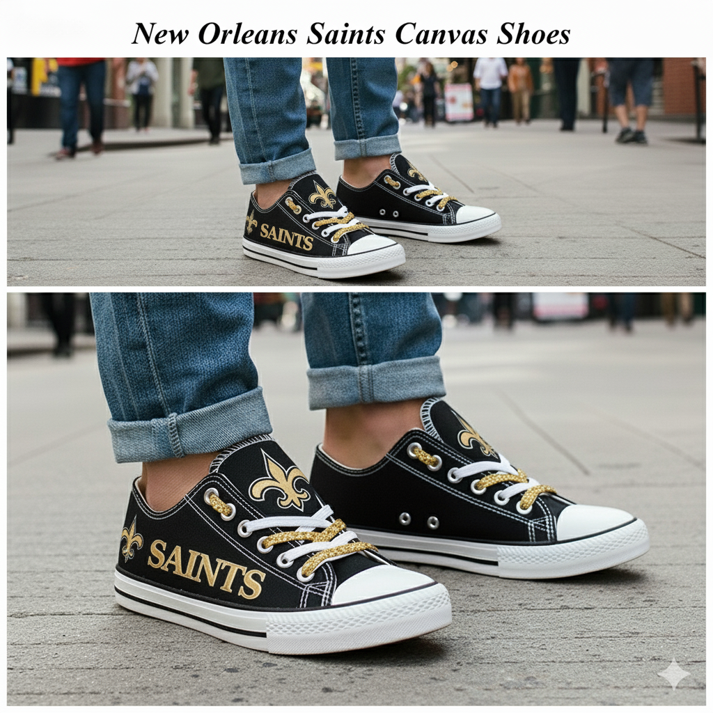 A two-panel collage featuring black New Orleans Saints canvas low-top sneakers with gold laces and fleur-de-lis logo. The top panel shows them worn by a person in jeans on a street, the bottom is a close-up of the shoes.