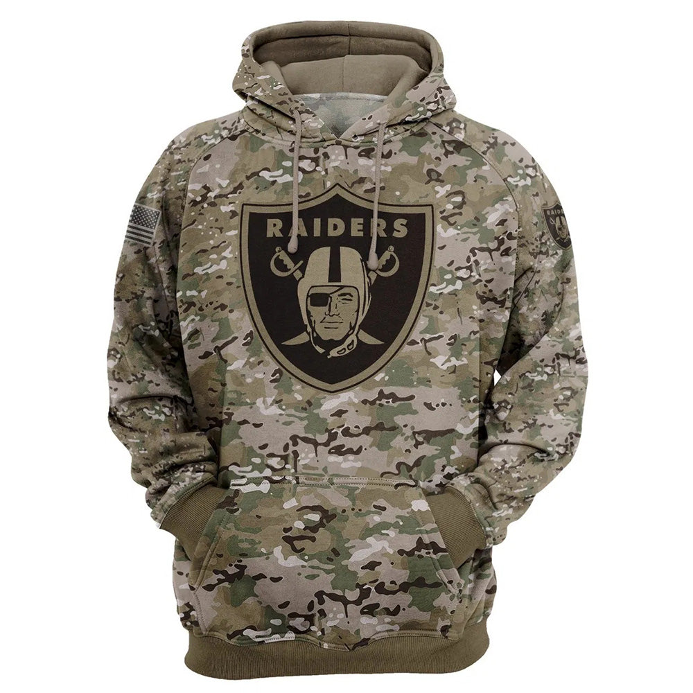 Oakland Raiders Camo Pullover Hoodie – Military Style featuring large Oakland Raiders logo on chest, camouflage design, and front kangaroo pocket – unisex and US sizing