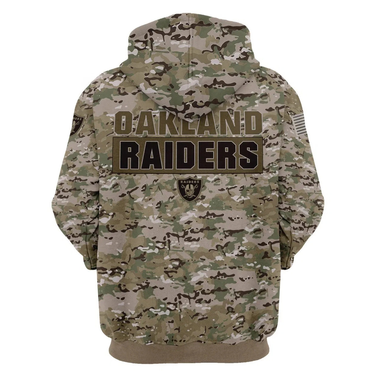 Back view of Oakland Raiders Camo Hoodie – Military Style showing bold OAKLAND RAIDERS text with team logo and military camouflage pattern
