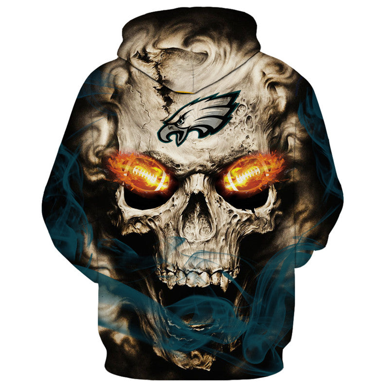Back view of Philadelphia Eagles Skull Hoodie – Red Inferno Edition, showcasing a bold skull print with electric red eye effects and Philadelphia Eagles logo