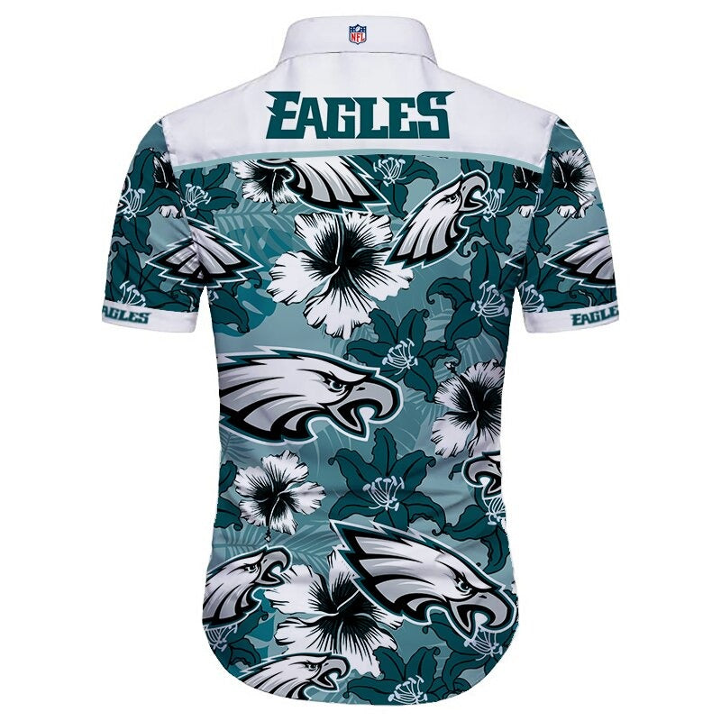 Back view of Philadelphia Eagles Hawaiian Shirt featuring bold team name and logo, tropical hibiscus floral pattern, SILVER shoulder panel, men's short-sleeve button-down.
