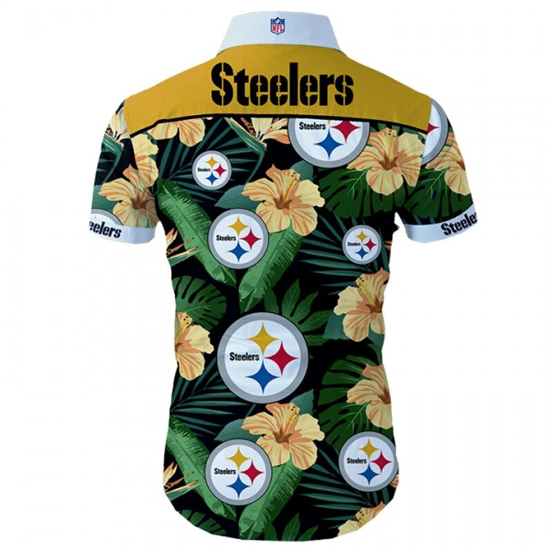 Back view of Pittsburgh Steelers Hawaiian Shirt featuring bold team name and logo, tropical hibiscus floral pattern, YELLOW shoulder panel, men's short-sleeve button-down.