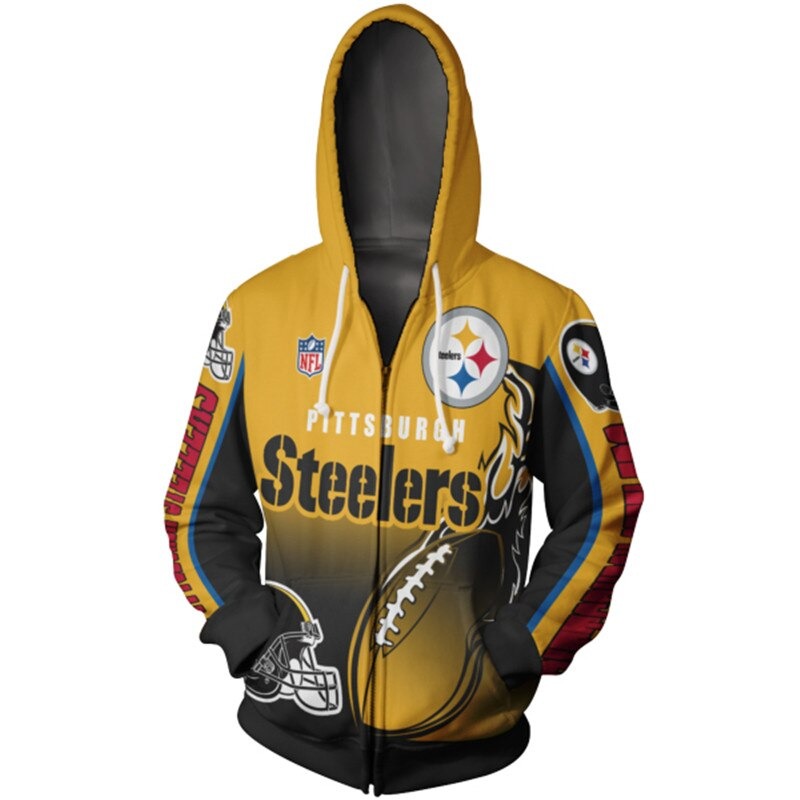 Men's Pittsburgh Steelers zip-up hoodie with flaming football 3D design in team colors, featuring NFL and Steelers logo