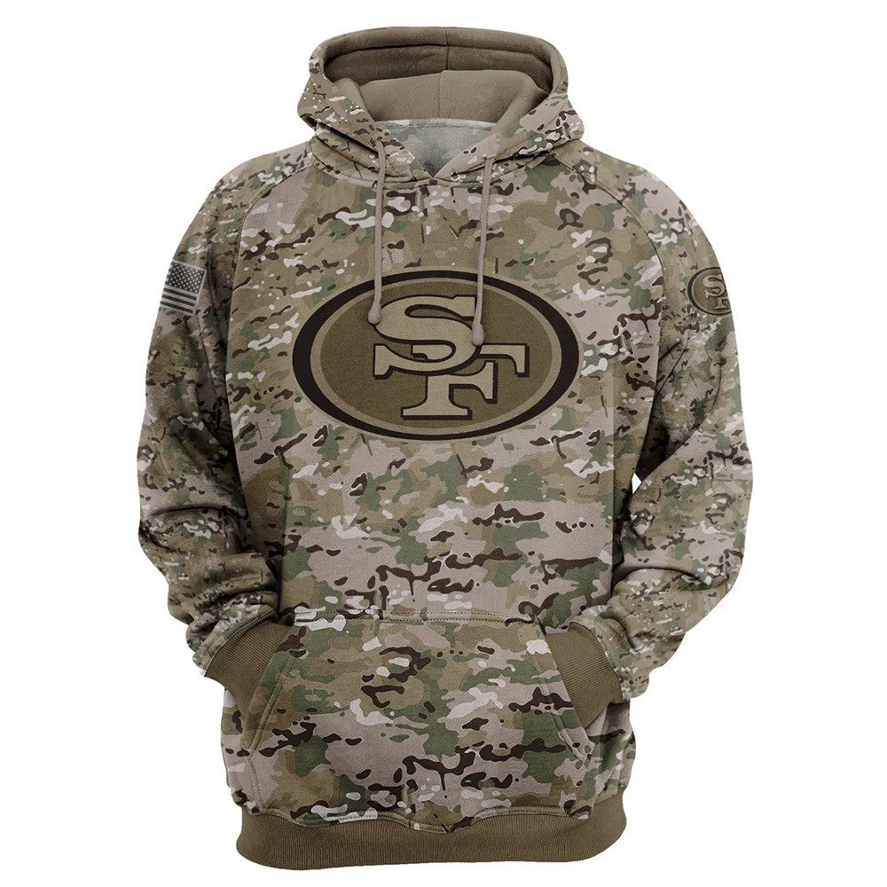 Front view of San Francisco 49ers Camo Zipper Hoodie – Military Style with camouflage print, and SF team logo on chest – unisex fit