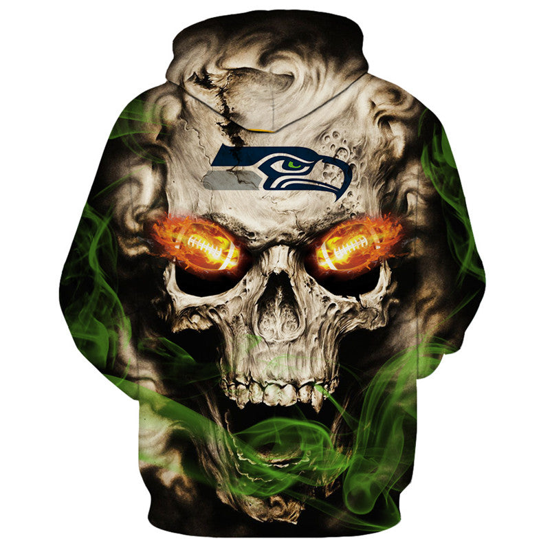 Back view of Seattle Seahawks Skull Hoodie – Red Inferno Edition, showcasing a bold skull print with electric red eye effects and Seattle Seahawks logo