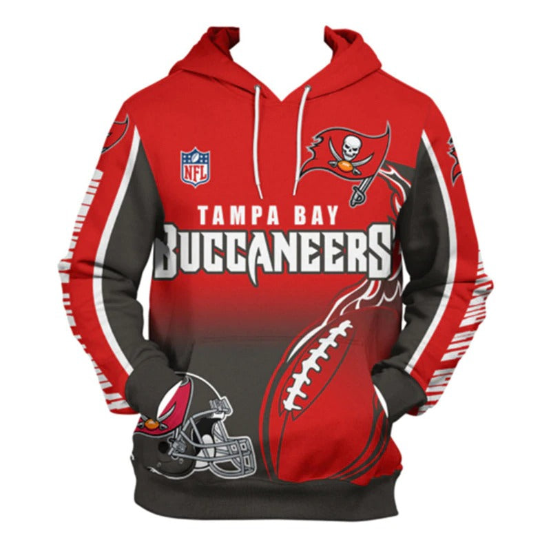 Front view of men's Tampa Bay Buccaneers pullover hoodie with 3D flaming football graphic, NFL logo, and bold black - red team design