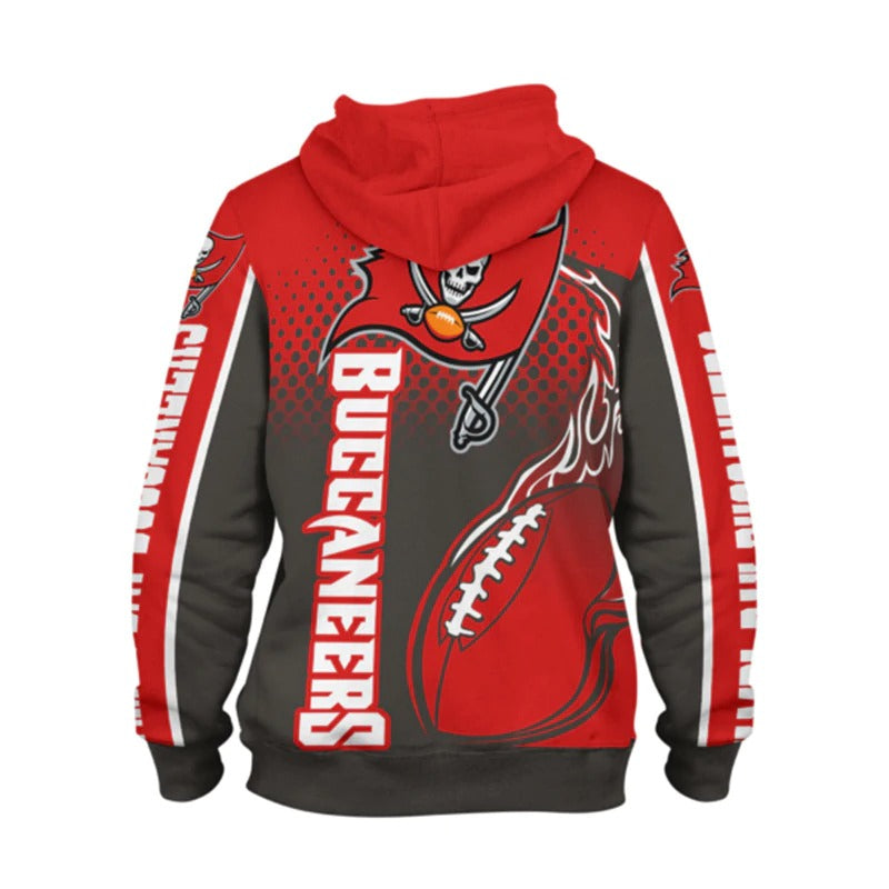 Back view of men's Tampa Bay Buccaneers hoodie featuring large Buccaneers logo, flaming football design, and bold red - black color scheme.