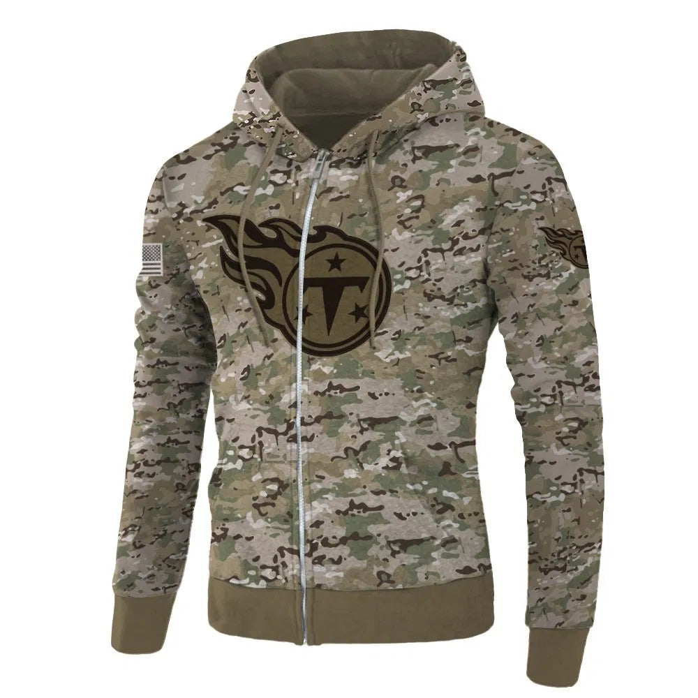 Front view of Tennessee Titans Camo Zipper Hoodie – Military Style with camouflage print, and Tennessee Titans logo on chest – and front kangaroo pocket, unisex fit