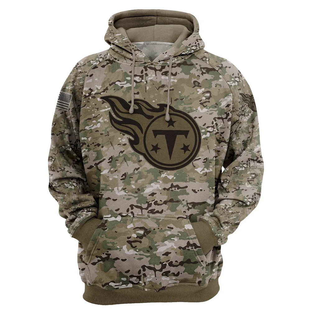 Tennessee Titans Camo Pullover Hoodie – Military Style featuring large Tennessee Titans logo on chest, camouflage design, and front kangaroo pocket – unisex and US sizing