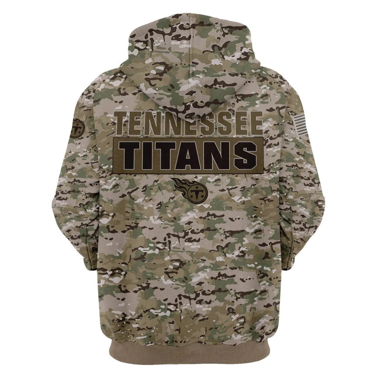 Back view of Tennessee Titans Camo Hoodie – Military Style showing bold TENNESSEE TITANS text with team logo and military camouflage pattern