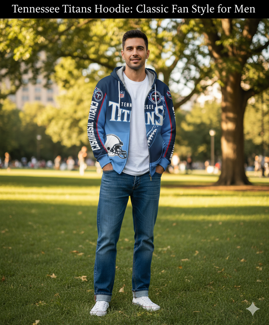 Front view of a man wearing a blue Tennessee Titans zip-up hoodie over a white t-shirt, paired with jeans and canvas sneakers. Classic, casual NFL fan outfit for men in a bright park setting.