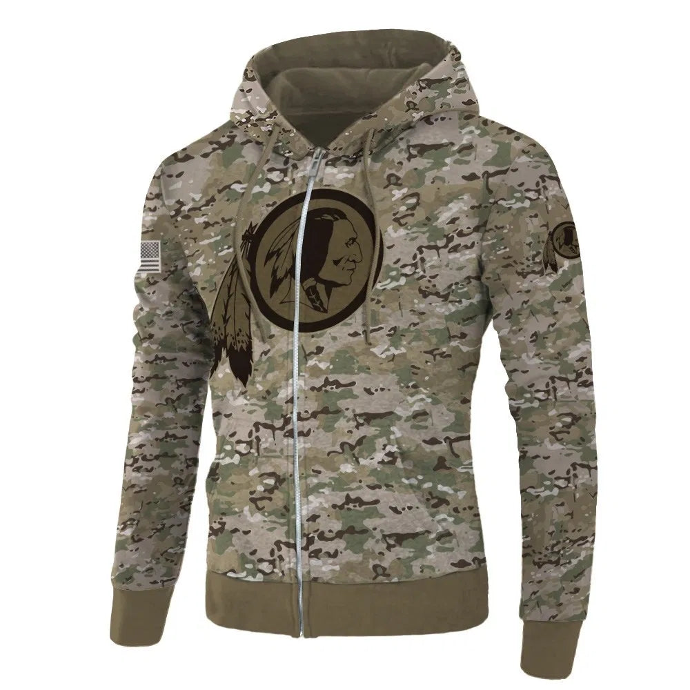 Front view of Washington Redskins Camo Zipper Hoodie – Military Style with camouflage print, and Washington Redskins logo on chest – and front kangaroo pocket, unisex fit