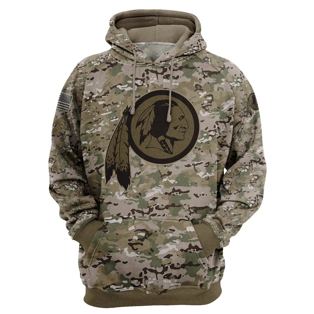 Washington Redskins Camo Pullover Hoodie – Military Style featuring large Washington Redskins logo on chest, camouflage design, and front kangaroo pocket – unisex and US sizing