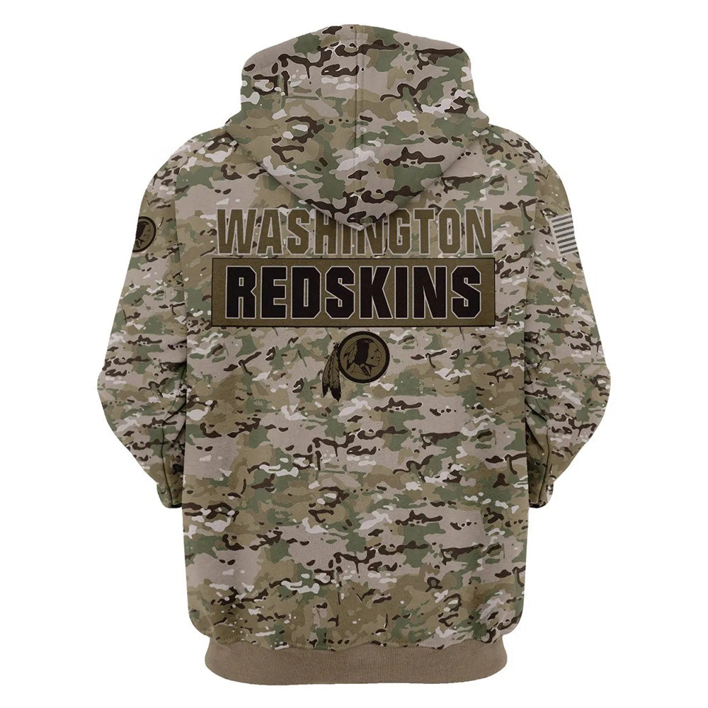 Back view of Washington Redskins Camo Hoodie – Military Style showing bold WASHINGTON REDSKINS text with team logo and military camouflage pattern