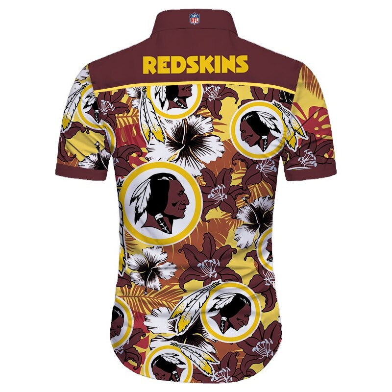 Back view of Washington Redskins Hawaiian Shirt featuring bold team name and logo, tropical hibiscus floral pattern, burgundy shoulder panel, men's short-sleeve button-down.