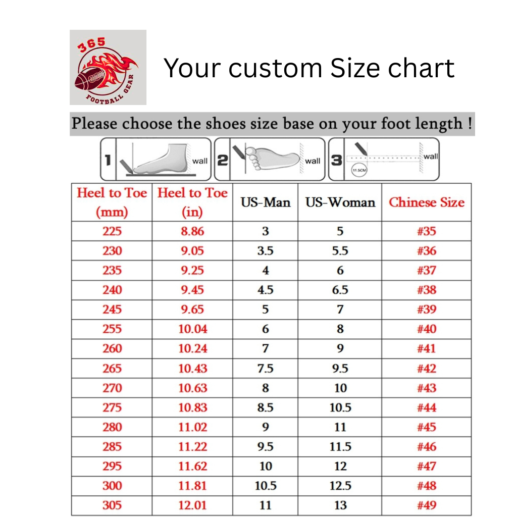Size chart canvas shoes