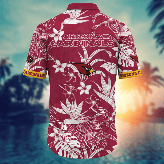 Tropical Arizona Cardinals Aloha shirt featuring vibrant red, white, and black floral artwork
