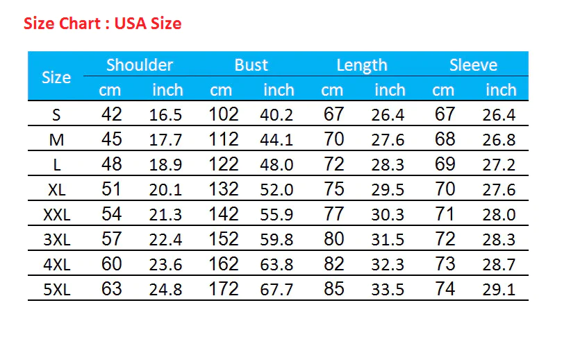 Size chart for USA hoodie sizes with measurements in centimeters and inches.