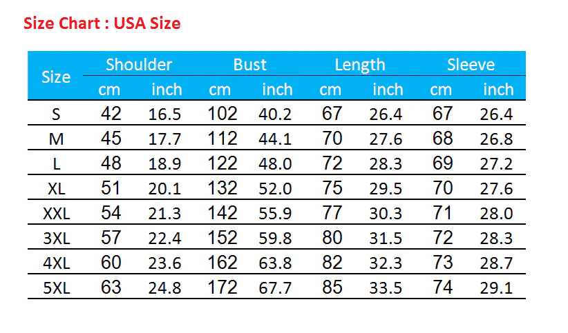 Size chart for USA hoodie sizes with measurements in centimeters and inches.