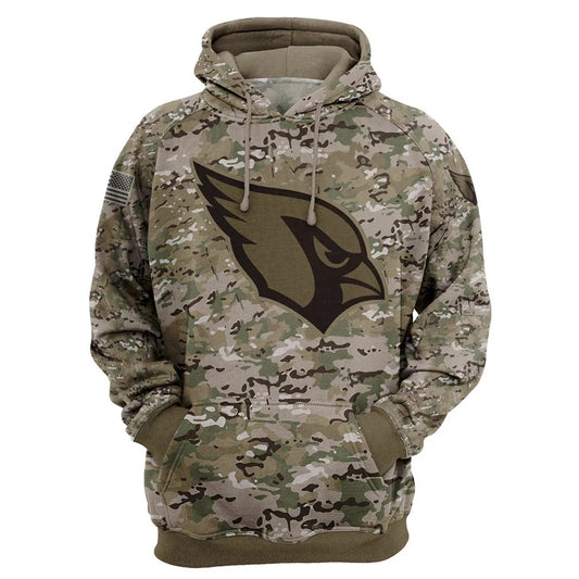 Arizona Cardinals Camo Pullover Hoodie – Military Style featuring large Arizona Cardinals logo on chest, camouflage design, and front kangaroo pocket – unisex and US sizing
