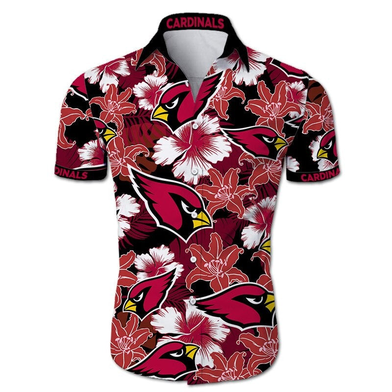 Front view of Arizona Cardinals Hawaiian Shirt – Men's Summer Aloha Button Down with vibrant red floral design and team logo, short sleeves, US sizing.