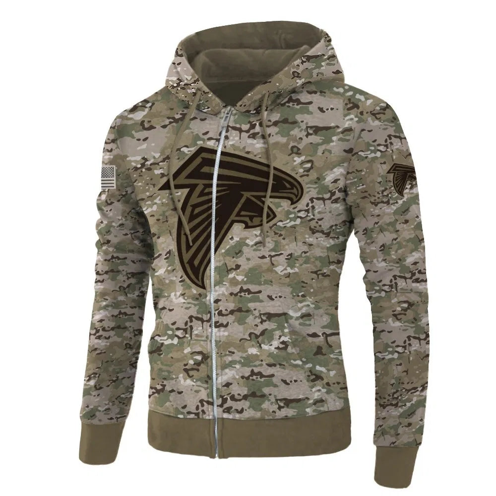 Front view of Atlanta Falcons Camo Zipper Hoodie – Military Style with camouflage print, and Atlanta Falcons logo on chest – and front kangaroo pocket, unisex fit