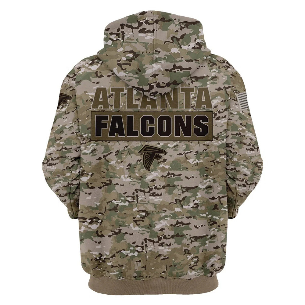Back view of Atlanta Falcons Camo Hoodie – Military Style showing bold ATLANTA FALCONS text with team logo and military camouflage pattern