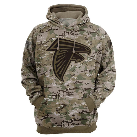 Atlanta Falcons Camo Pullover Hoodie – Military Style featuring large Atlanta Falcons logo on chest, camouflage design, and front kangaroo pocket – unisex and US sizing