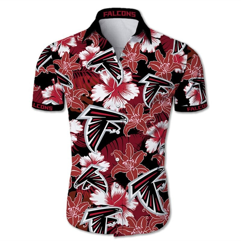 Front view of Atlanta Falcons Hawaiian Shirt – Men's Summer Aloha Button Down with vibrant red floral design and team logo, short sleeves, US sizing.