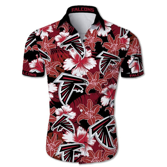 Front view of Atlanta Falcons Hawaiian Shirt – Men's Summer Aloha Button Down with vibrant red floral design and team logo, short sleeves, US sizing.