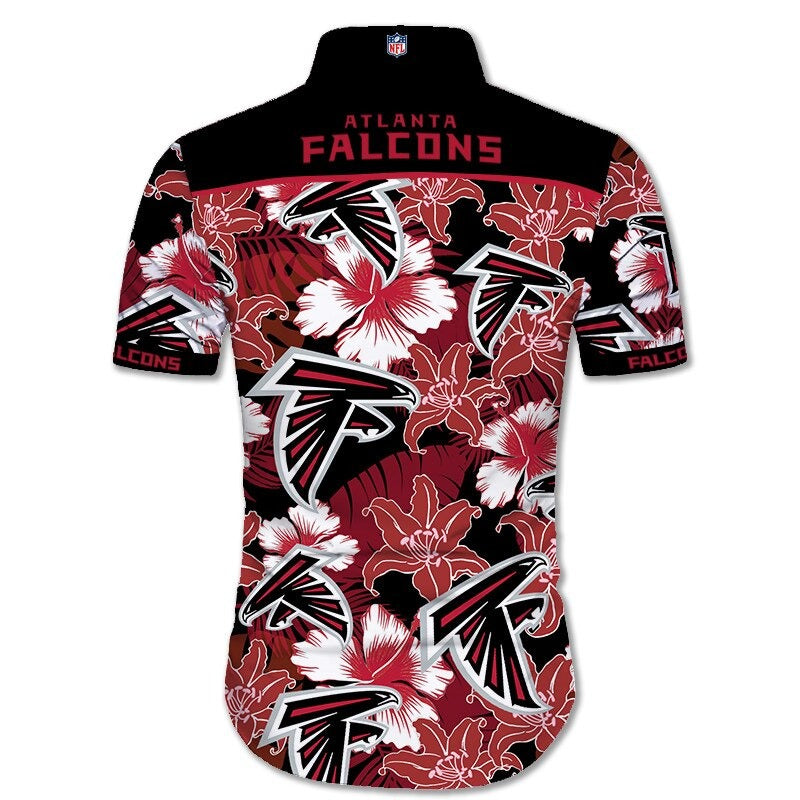 Back view of Atlanta Falcons Hawaiian Shirt featuring bold team name and logo, tropical hibiscus floral pattern, black shoulder panel, men's short-sleeve button-down.