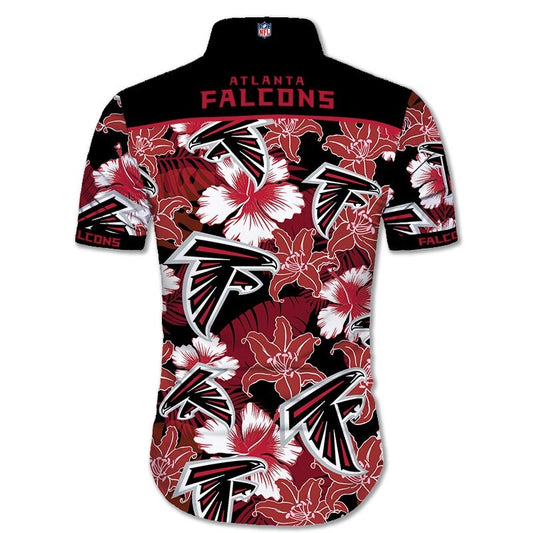 Back view of Atlanta Falcons Hawaiian Shirt featuring bold team name and logo, tropical hibiscus floral pattern, black shoulder panel, men's short-sleeve button-down.