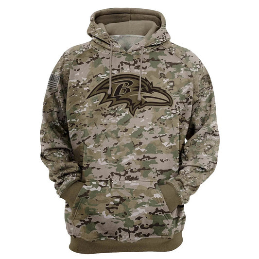 Baltimore Ravens Camo Pullover Hoodie – Military Style featuring large Baltimore Ravens logo on chest, camouflage design, and front kangaroo pocket – unisex and US sizing