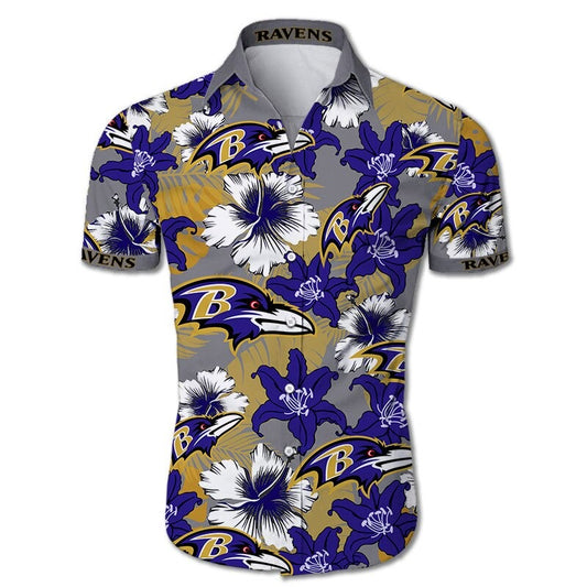 Front view of  Baltimore Ravens Hawaiian Shirt – Men's Summer Aloha Button Down with vibrant purple floral design and team logo, short sleeves, US sizing.