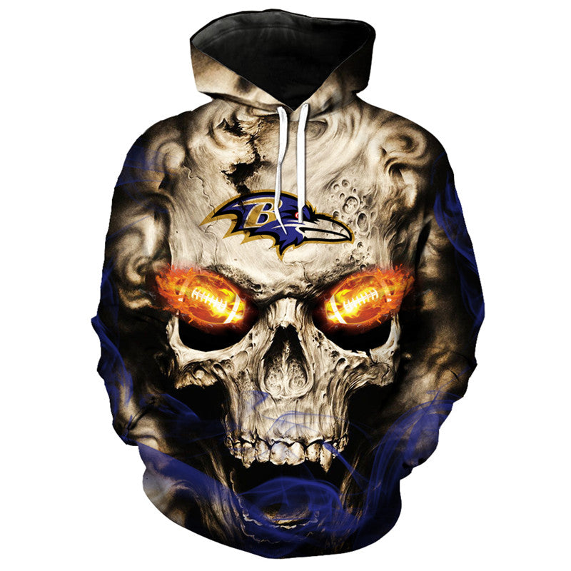 Front view of Baltimore Ravens Skull Hoodie – Red Inferno Edition, featuring a gothic skull design with glowing red football eyes and a Baltimore Ravens on the forehead.