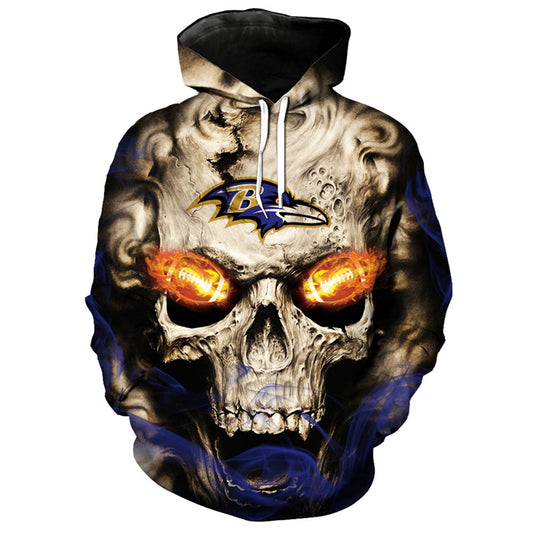 Front view of Baltimore Ravens Skull Hoodie – Red Inferno Edition, featuring a gothic skull design with glowing red football eyes and a Baltimore Ravens on the forehead.