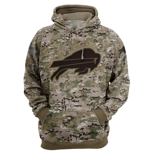 Buffalo Bills Camo Pullover Hoodie – Military Style featuring large Buffalo Bills logo on chest, camouflage design, and front kangaroo pocket – unisex and US sizing