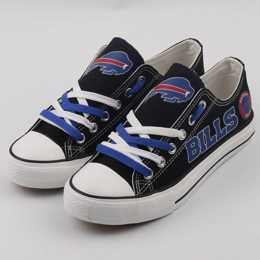 Pair of black Buffalo Bills canvas low-top shoes with blue and white laces. Features the team's buffalo logo and bold "BILLS" text. Ideal NFL fan gear.