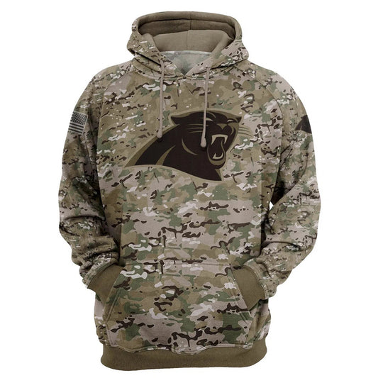Carolina Panthers Camo Pullover Hoodie – Military Style featuring large Carolina Panthers logo on chest, camouflage design, and front kangaroo pocket – unisex and US sizing