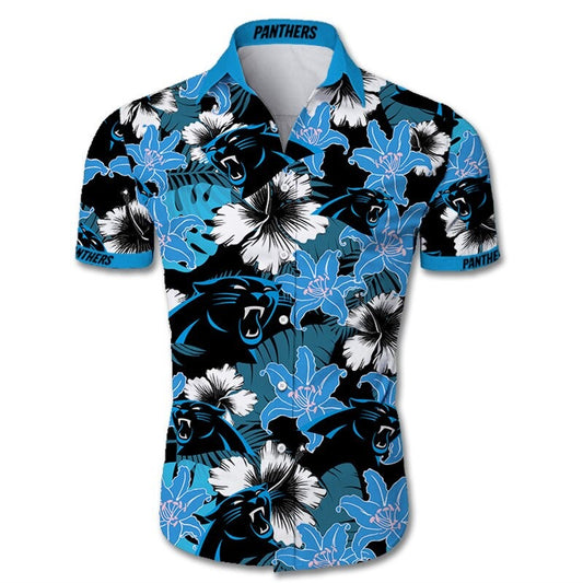 Front view of  Carolina Panthers Hawaiian Shirt – Men's Summer Aloha Button Down with vibrant Black & Blue floral design and team logo, short sleeves, US sizing.