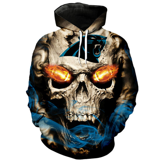 Front view of Carolina Panthers Skull Hoodie – Red Inferno Edition, featuring a gothic skull design with glowing red football eyes and a Carolina Panthers on the forehead.