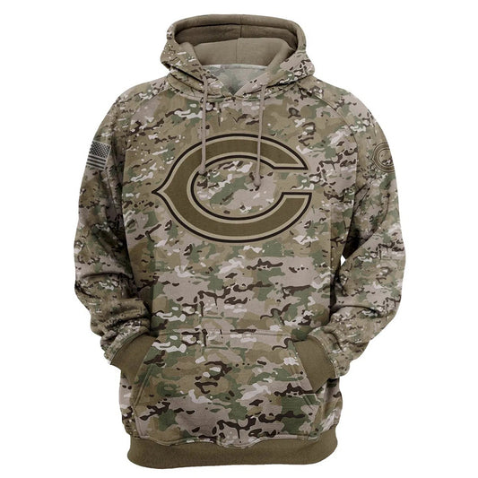 Chicago Bears Camo Pullover Hoodie – Military Style featuring large Chicago Bears logo on chest, camouflage design, and front kangaroo pocket – unisex and US sizing