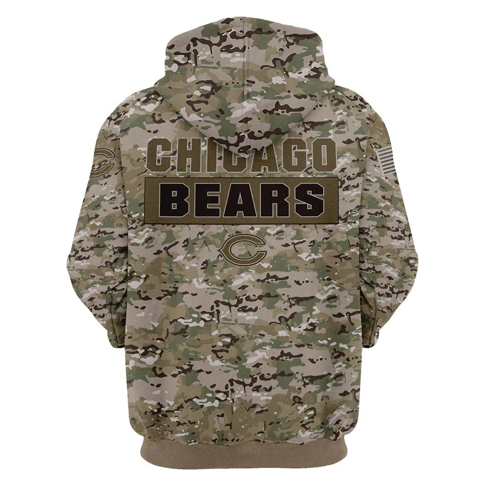 Back view of Chicago Bears Camo Hoodie – Military Style showing bold CHICAGO BEARS text with team logo and military camouflage pattern