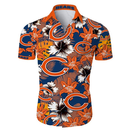 Front view of  Chicago Bears Hawaiian Shirt – Men's Summer Aloha Button Down with vibrant ORANGE floral design and team logo, short sleeves, US sizing.