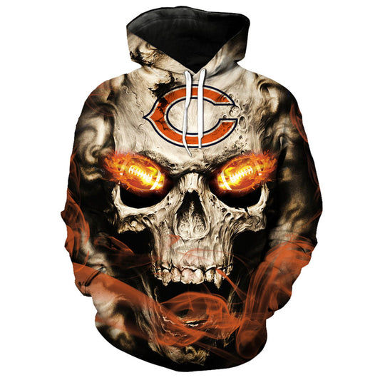 Front view of Chicago Bears Skull Hoodie – Red Inferno Edition, featuring a gothic skull design with glowing red football eyes and a Chicago Bears on the forehead.