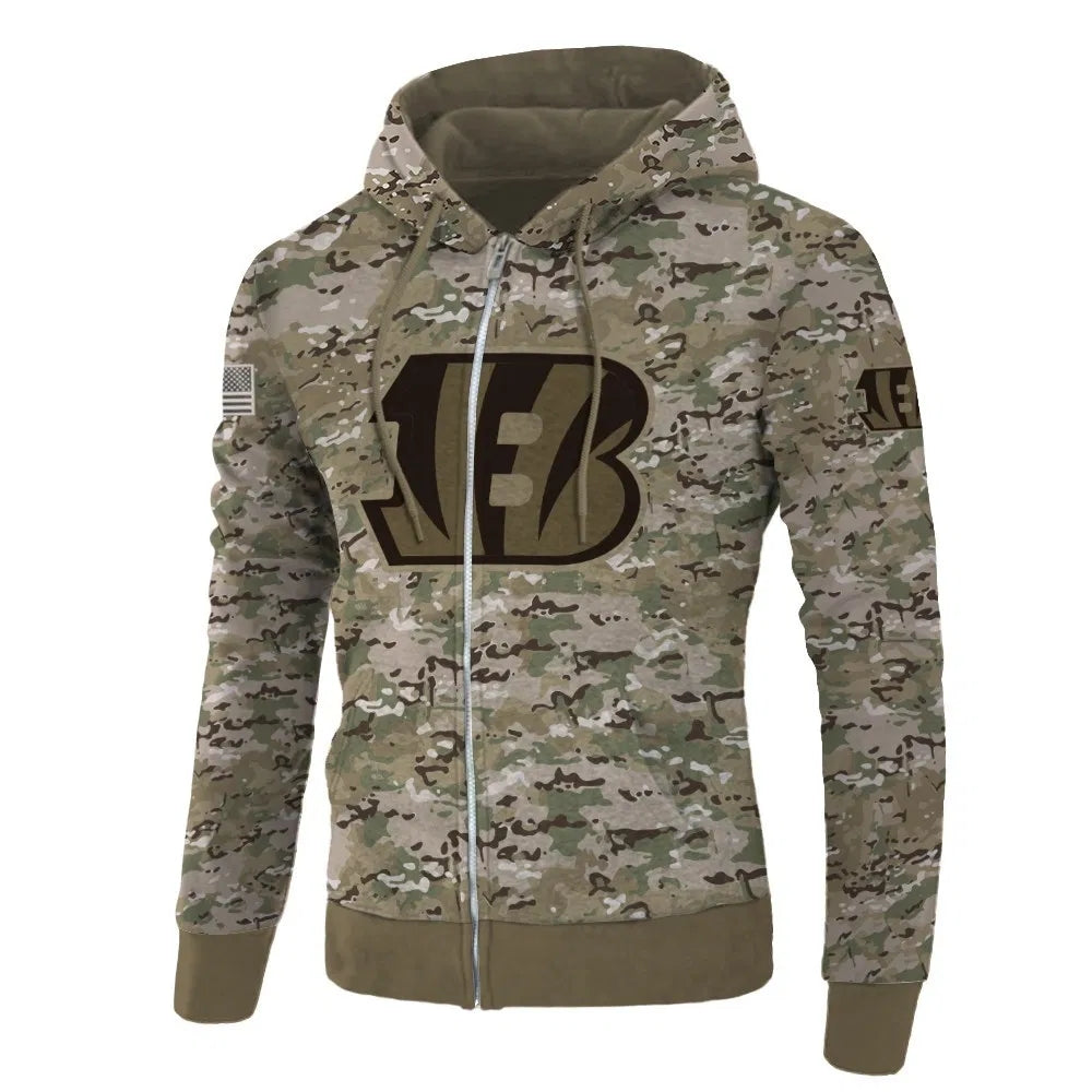 Front view of Cincinnati Bengals Camo Zipper Hoodie – Military Style with camouflage print, and Cincinnati Bengals logo on chest – and front kangaroo pocket, unisex fit